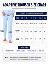 HAXOR Adaptive Trouser Size Chart showing waist, inseam and outseam measurements for XS to 2XL sizes with wash care instructions.