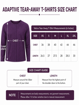 Adaptive Tear-Away T-Shirt Size Chart –  Purple Velcro T-Shirt Chest and Length Measurements XS to 2XL.