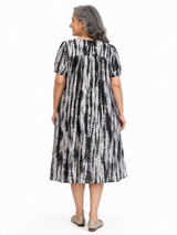 HAXOR Women's Duster House Dress back view in black and white printed 100% cotton fabric