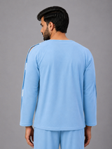 HAXOR men's sky blue adaptive fleece T-shirt back view with full sleeve Velcro openings