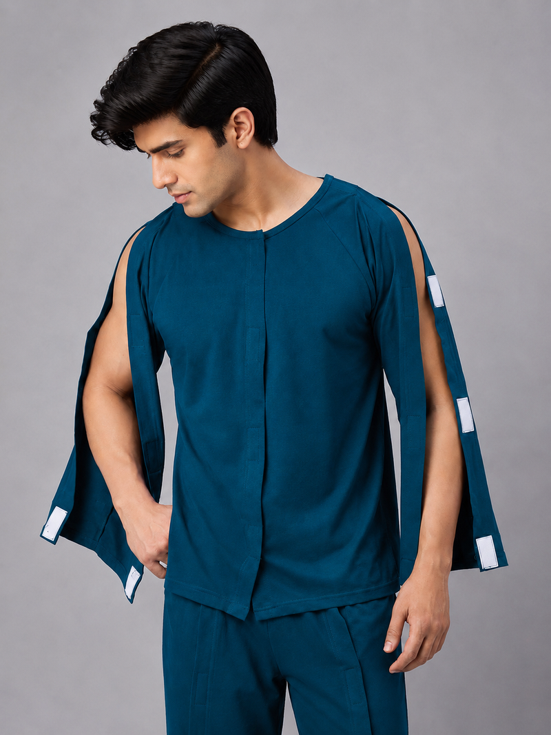 HAXOR men's adaptive recovery full sleeve Velcro T-shirt with front and shoulder opening in dark blue
