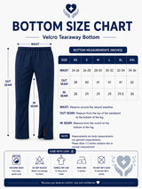 HAXOR Men's Adaptive Tearaway Recovery Pants Size Chart with Waist, Out seam and Inseam Measurements for Velcro Side-Open Trousers