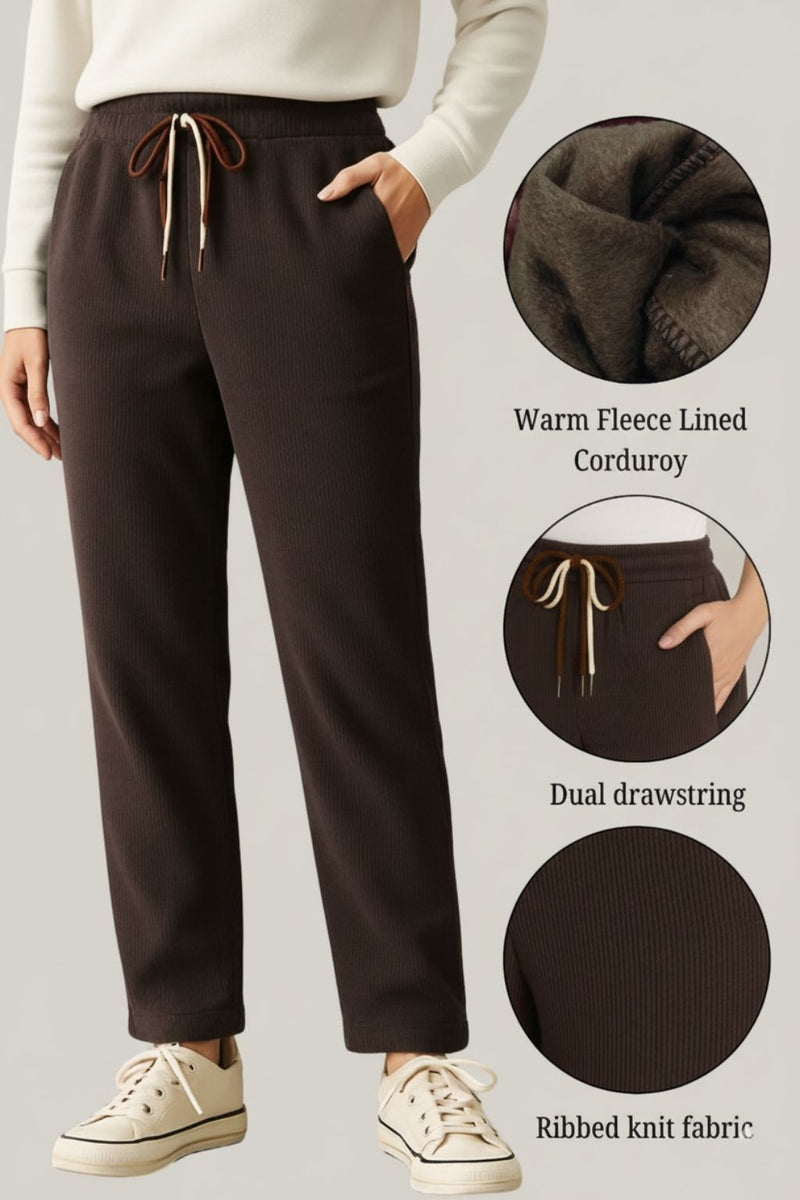 Haxor Women’s Ribbed Fleece-Lined Winter Joggers | Ultra-Soft Stretch | Dual-Drawstring | Premium Warm Pants (Dark Brown)
