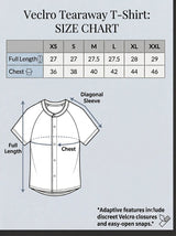 Velcro T-shirt size chart showing chest and full length measurements from XS to XXL with a T-shirt measurement guide.