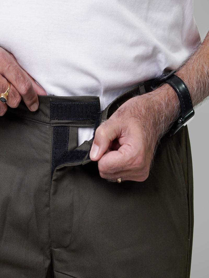 Olive Velcro fly trouser