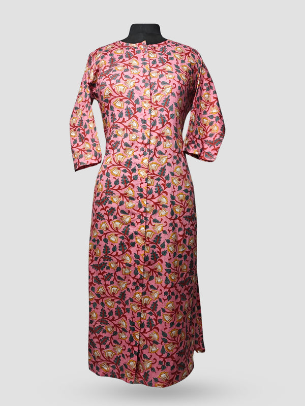 Women's  3/4 Length Sleeve Floral Printed Pink Adaptive Long Kurti