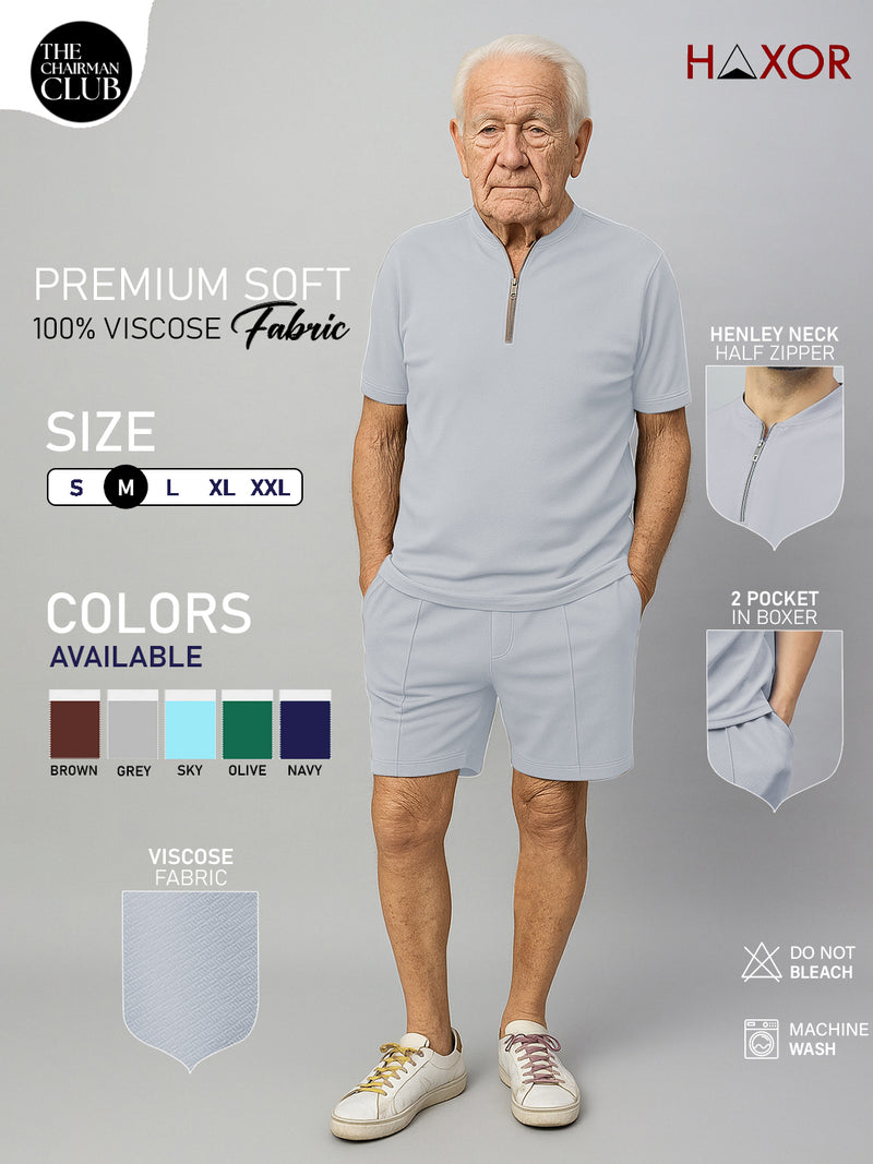 Haxor Men Grey  Adaptive Viscose Henley Neck Half Sleeve T-shirt and Short Set