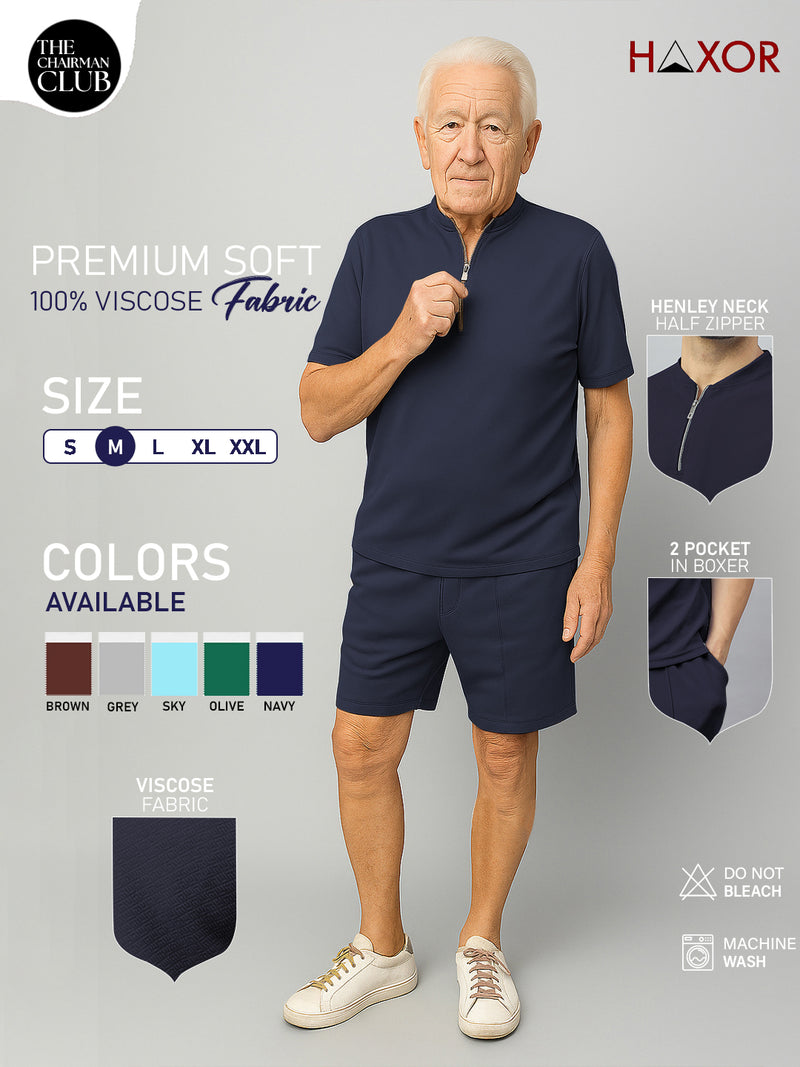 Haxor Men Navy Blue Adaptive Viscose Henley Neck Half Sleeve T-shirt and Short Set