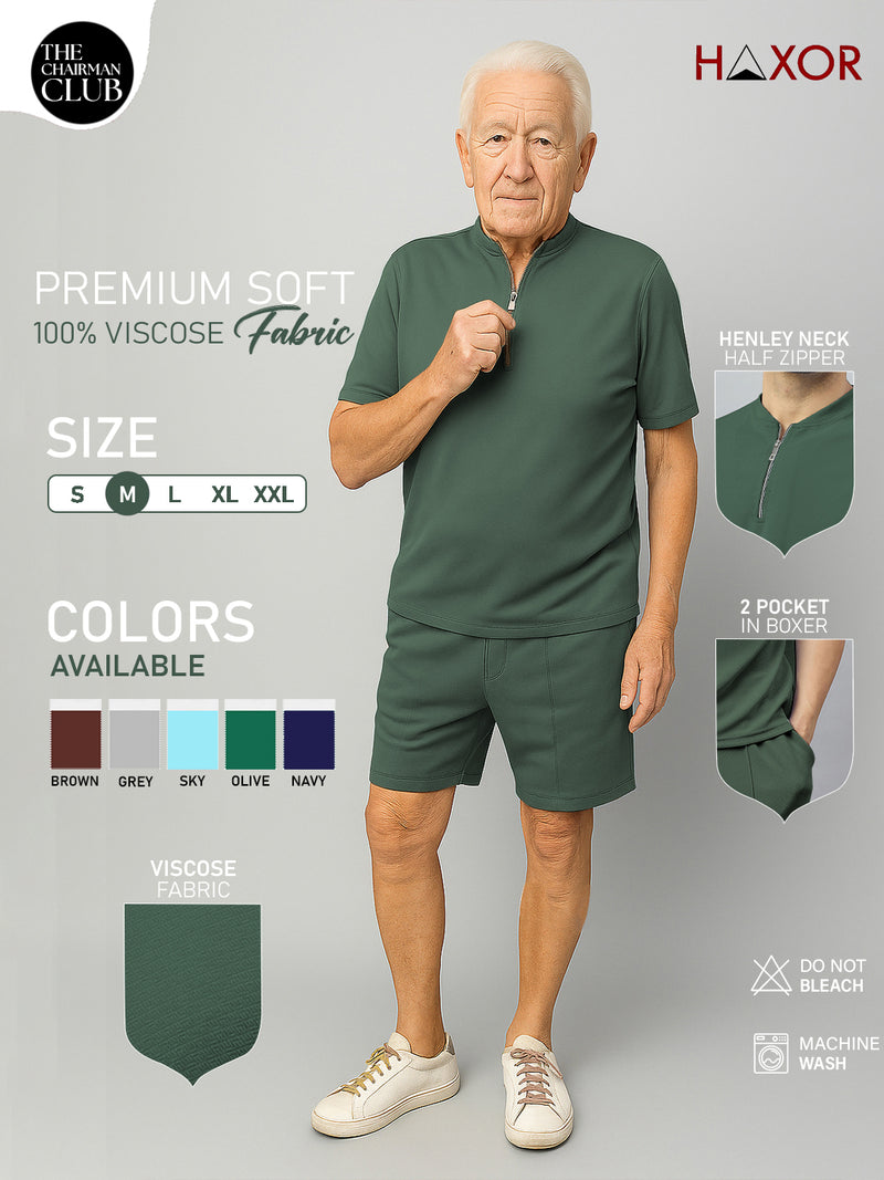 Haxor Men Green Adaptive Viscose Henley Neck Half Sleeve T-shirt and Short Set