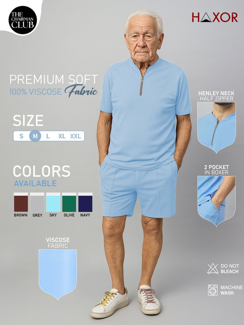 Haxor Men  Light Blue Adaptive Viscose Henley Neck Half Sleeve T-shirt and Short Set