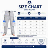 HAXOR Catheter Leg Bag Pants size chart with waist measurements and sizing guide for men and women