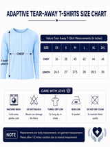 HAXOR men's adaptive tear-away T-shirt size chart with chest and length measurements