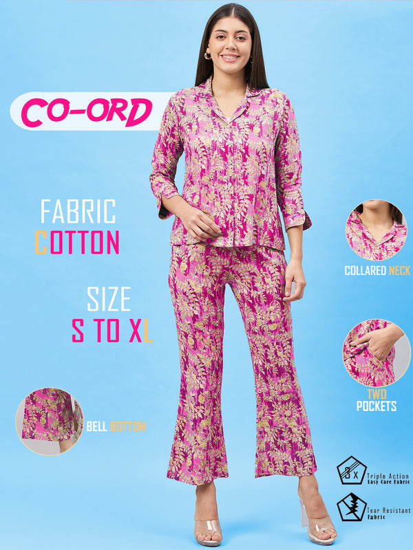 Women Pink Leaf Co-Ord Set By Chrome & Coral